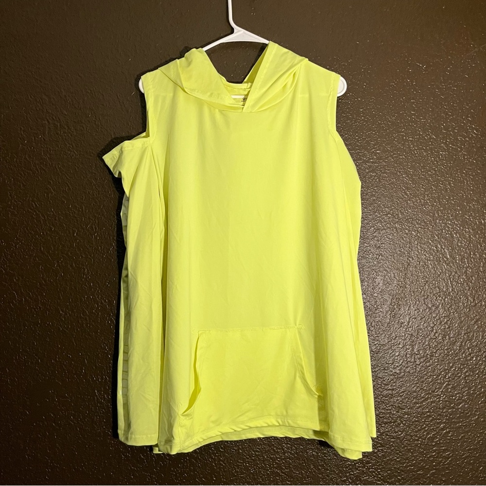 Bright Yellow Long Sleeve Top with Hoodie & Pocket, Open Shoulder, Size 4X